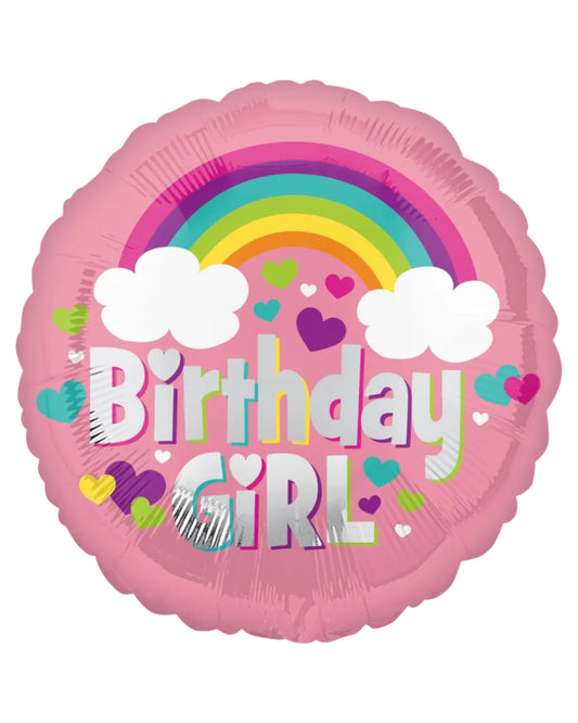 Pink balloon with rainbow, hearts, and 'Birthday Girl' text on a white background