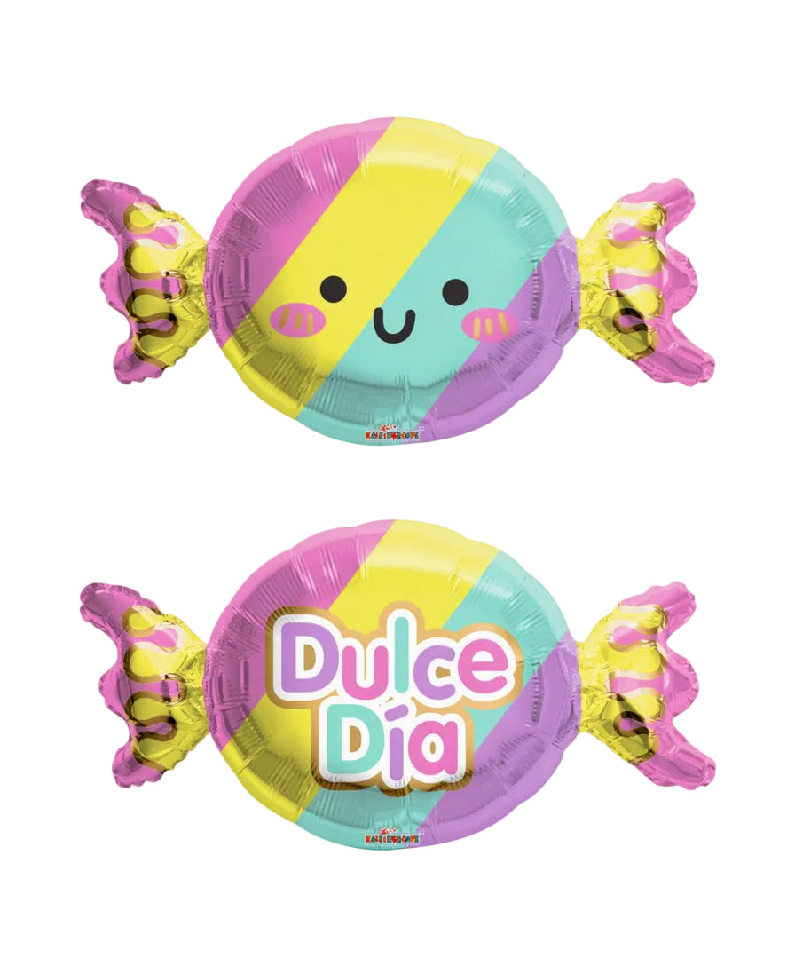 Colorful candy-shaped balloon with 'Dulce Dia' text on a white background