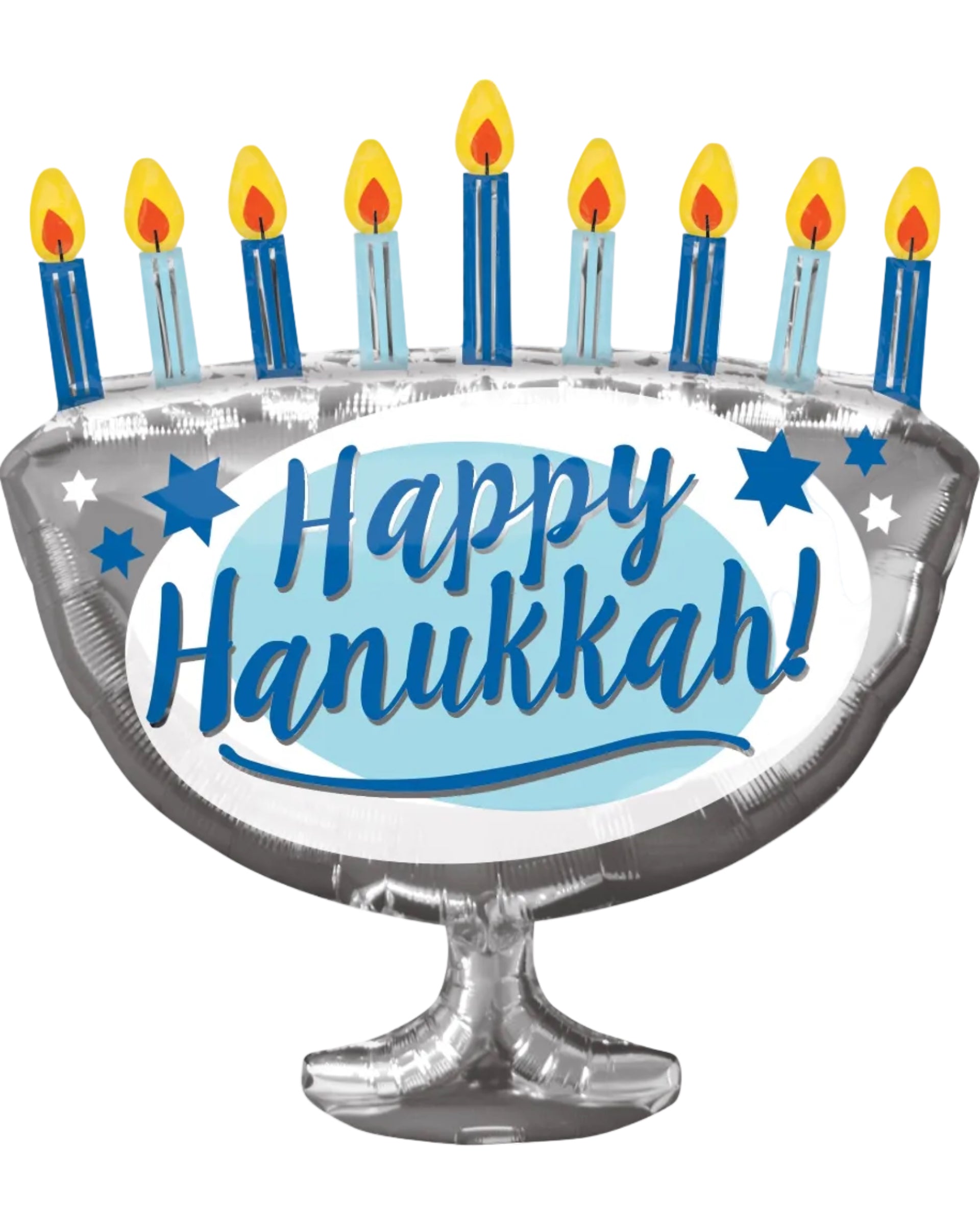 Decorative balloon shaped like a Hanukkah menorah with blue candles and 'Happy Hanukkah!' text.