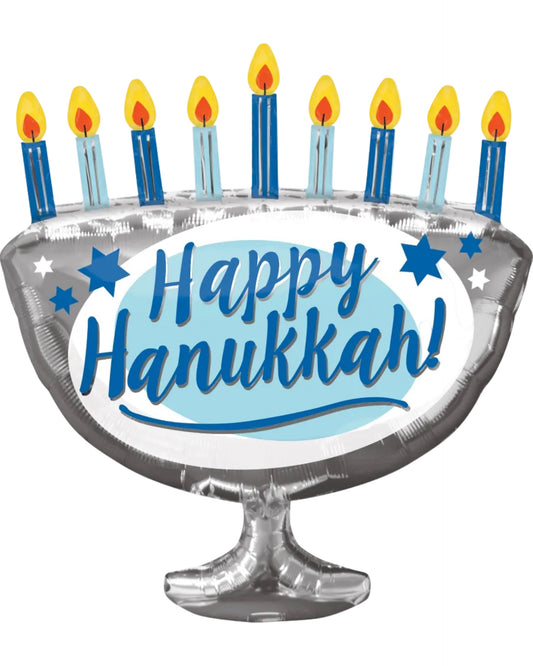Decorative balloon shaped like a Hanukkah menorah with blue candles and 'Happy Hanukkah!' text.
