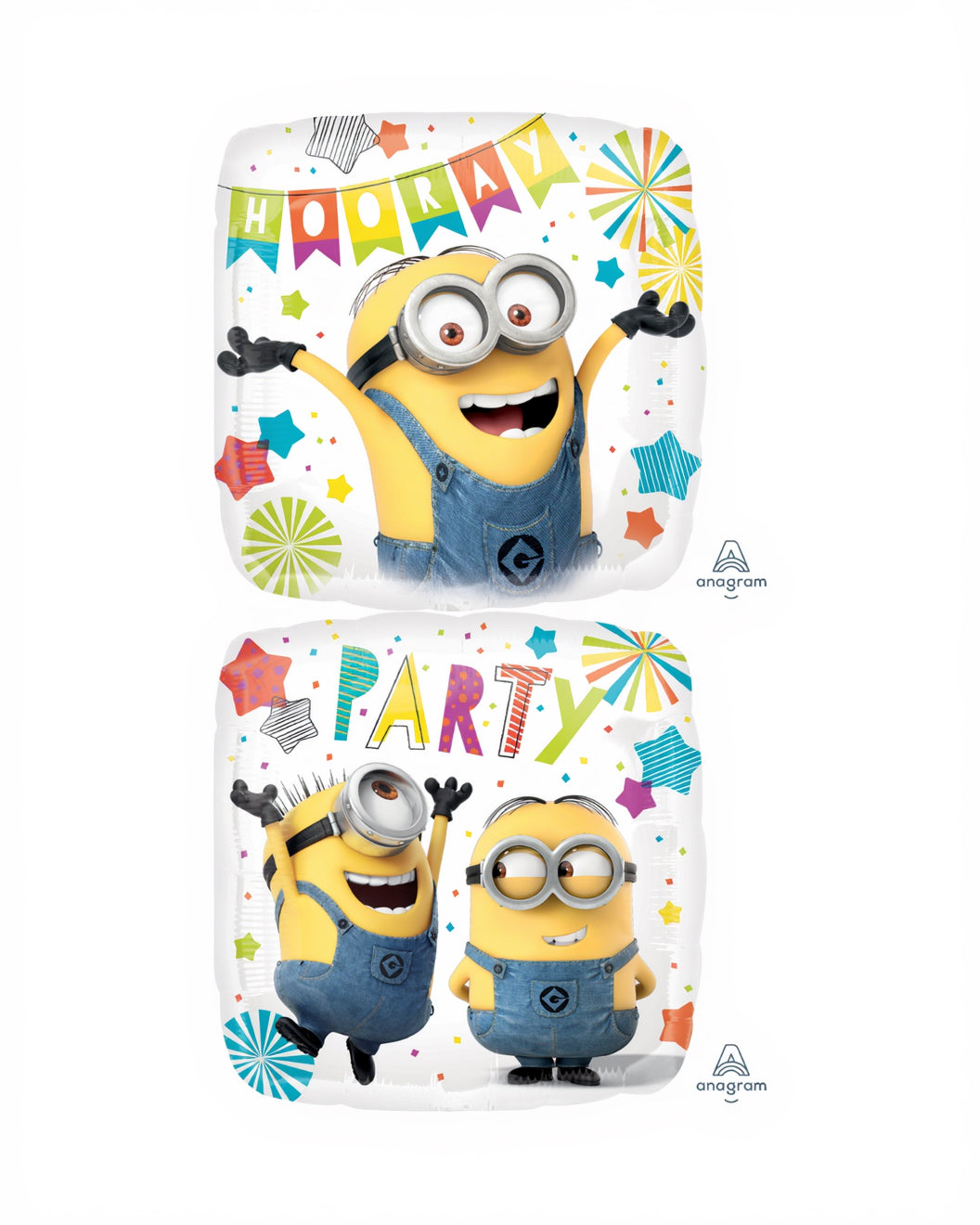 Two Minion balloons with 'Ho Ho Ho' and 'Party' text on a white background