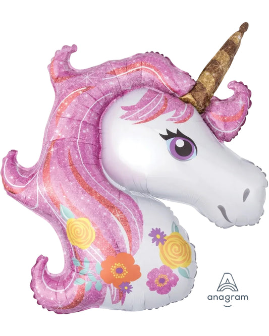 Unicorn-shaped balloon with pink mane and flowers, featuring Anagram logo.