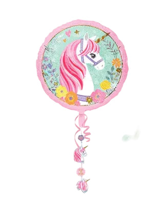 Unicorn-shaped balloon with floral decorations and a heart, featuring the Anagram brand.