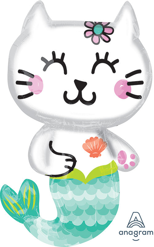 Cat-shaped balloon with mermaid tail design, featuring a brand logo.