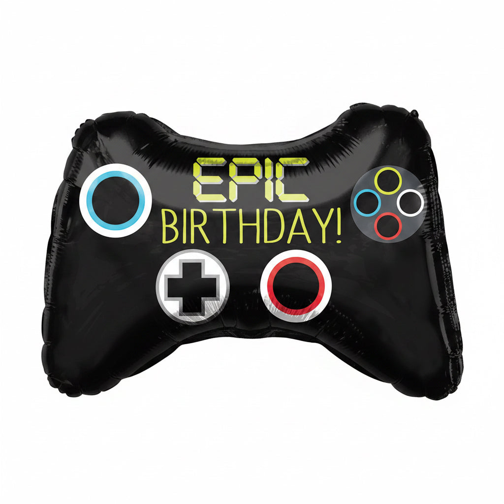 Black inflatable game controller balloon with 'Epic Birthday!' text on a white background