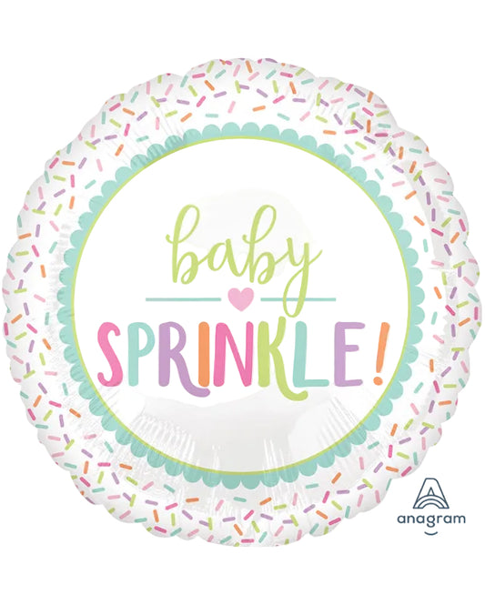 Decorative balloon with 'baby sprinkle!' text and colorful sprinkles on a white background
