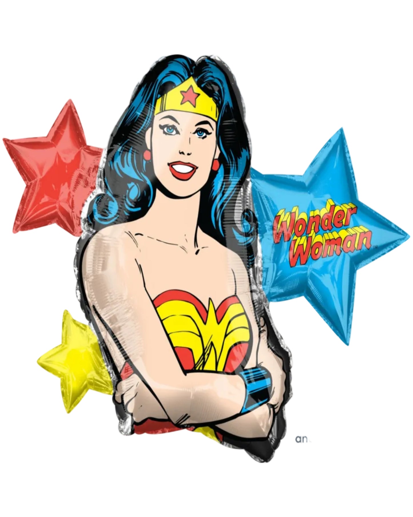 Balloon shaped like Wonder Woman with colorful stars on a white background