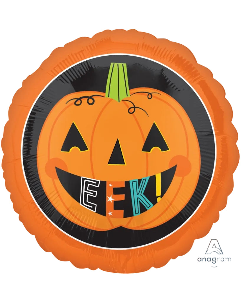 Halloween-themed balloon with a jack-o'-lantern face and 'Eek!' text, featuring the Anagram logo.