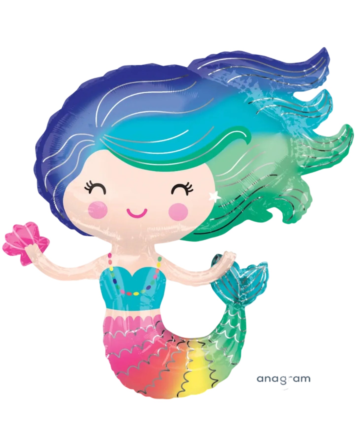 Colorful mermaid-shaped balloon with blue hair and a rainbow tail on a white background