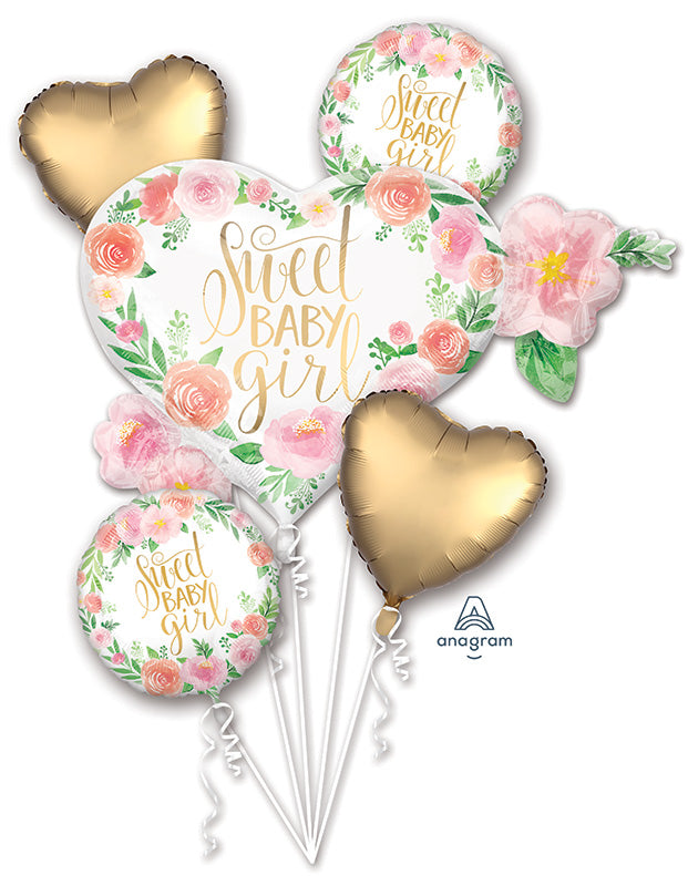 Decorative balloons with 'Sweet Baby Girl' text and floral designs on a white background.