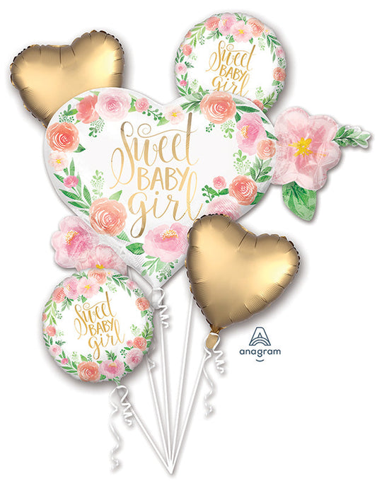 Decorative balloons with 'Sweet Baby Girl' text and floral designs on a white background.