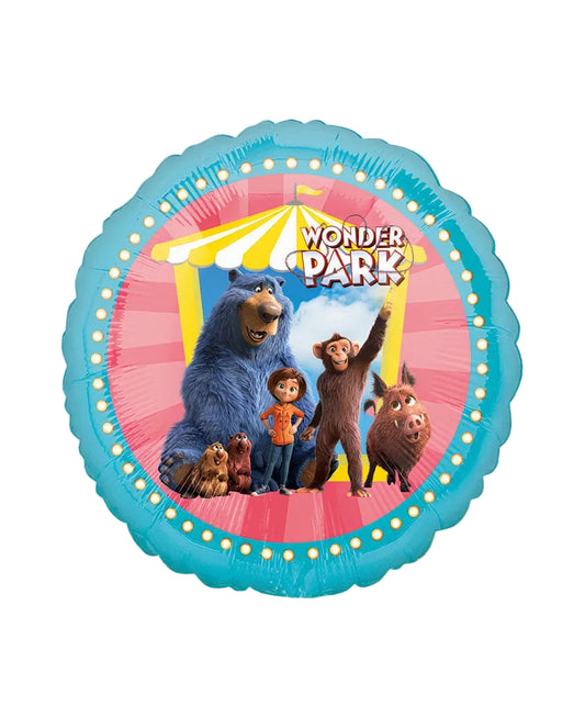 A round foil balloon featuring characters from the movie 'Wonder Park' on a bright blue scalloped border. The center shows the blue bear BoJack, the monkey Chilly, the girl Sarah, and the warthog Pigface under a yellow-and-white tent, with the text 'WONDER PARK' at the top.