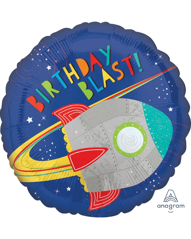 Space-themed birthday balloon with 'Birthday Blast!' text and rocket design on a blue background.