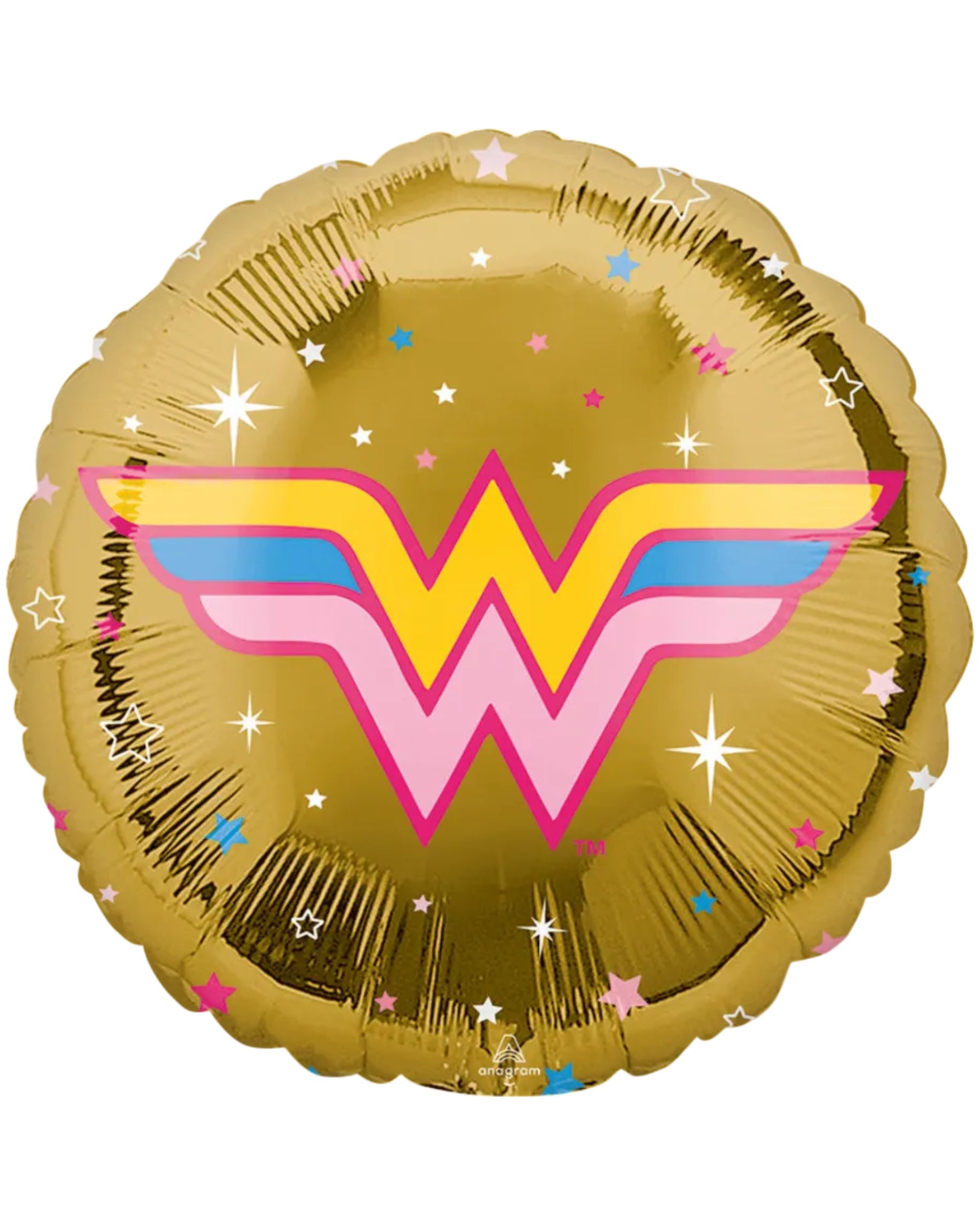 Gold foil balloon with Wonder Woman logo featuring stars and colors on a white background