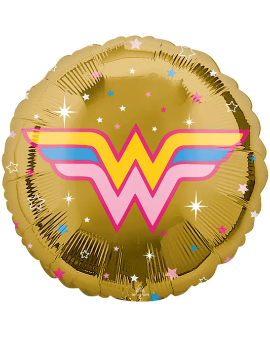 Gold foil balloon with Wonder Woman logo featuring stars and colors on a white background