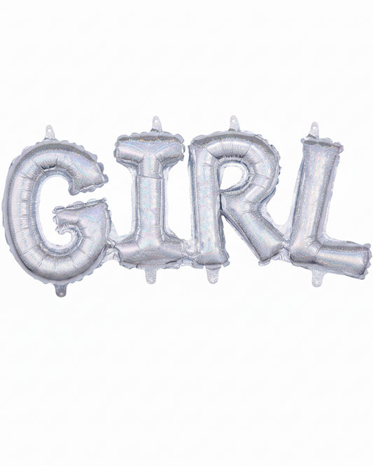 Silver 'GIRL' balloon set on a white background
