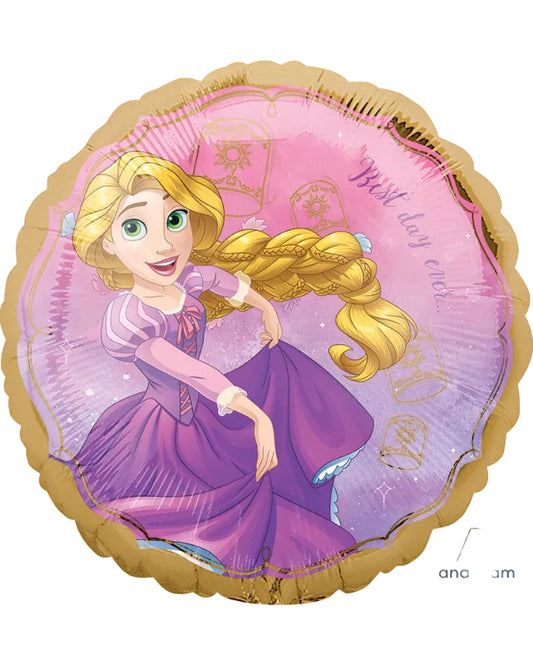 Balloon with Rapunzel design featuring a long braid and purple dress, with 'anagram' branding.