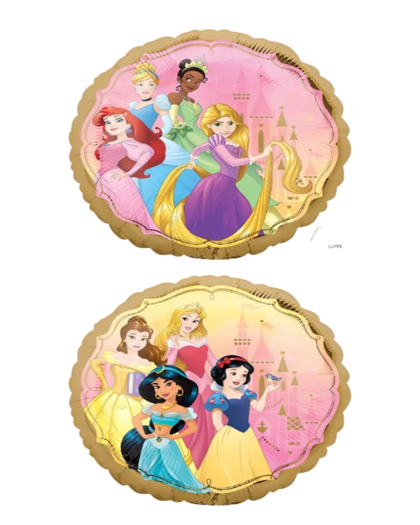 Two Disney princess balloons featuring characters from the Disney Princess collection on a white background.
