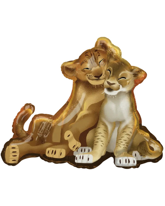 Balloon shaped like two lion cubs hugging on a white background