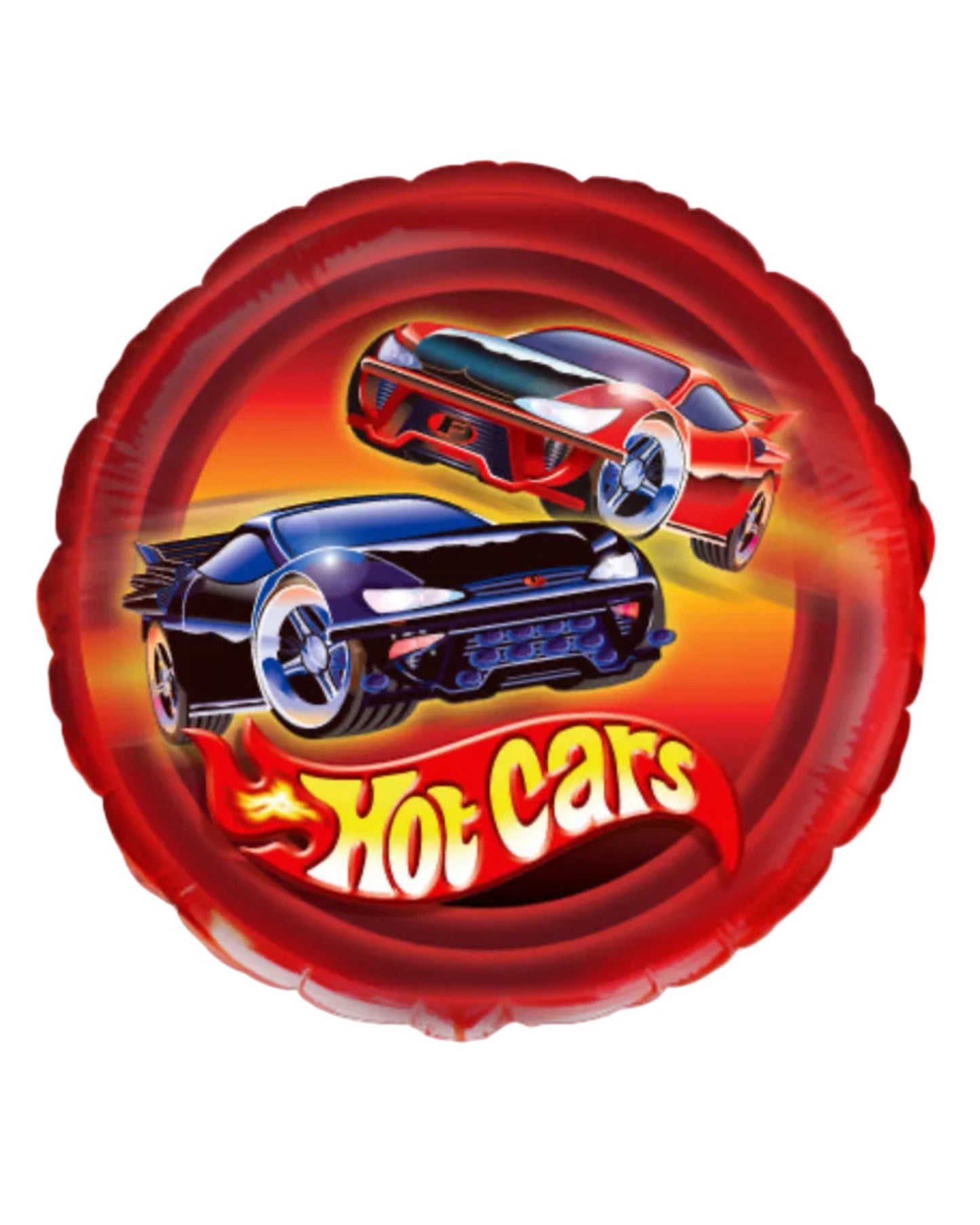 Balloon with 'Hot Cars' design featuring two cars on a red and orange background