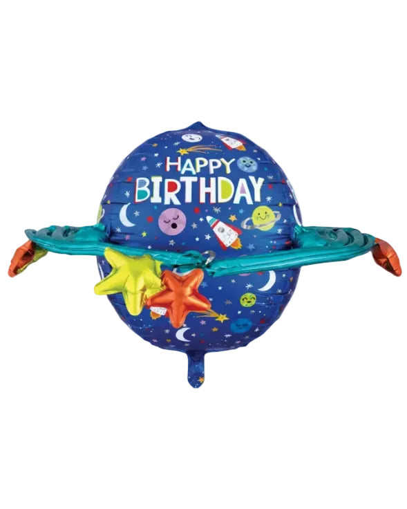 Space-themed birthday balloon with colorful designs on a white background