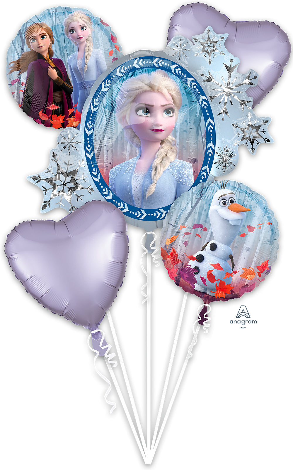 Balloon bouquet featuring characters from 'Frozen' on a white background