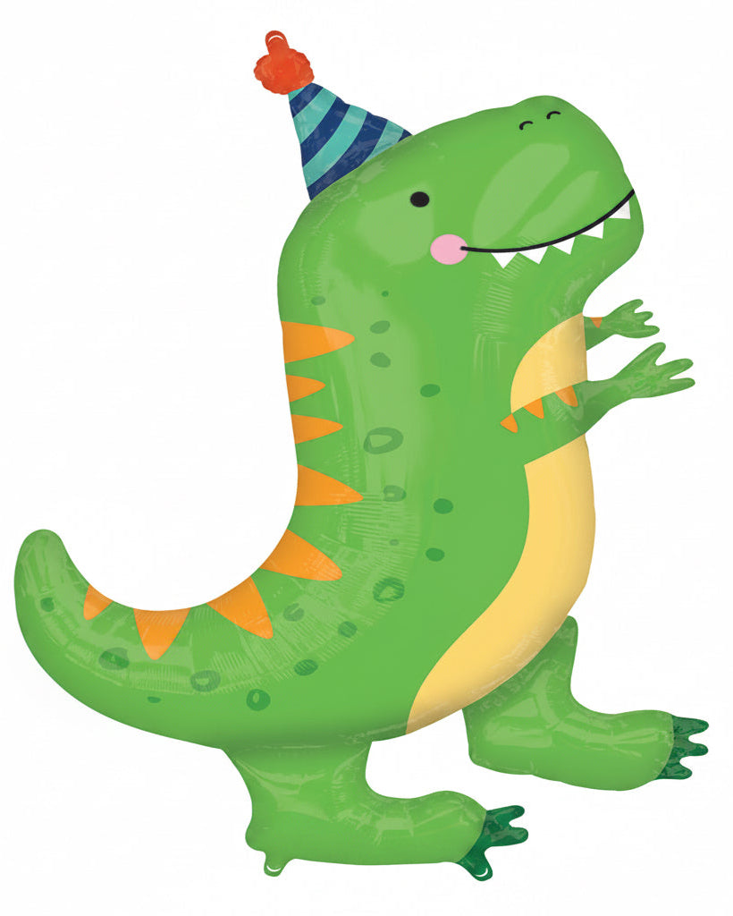 Green dinosaur-shaped balloon with a party hat on a white background