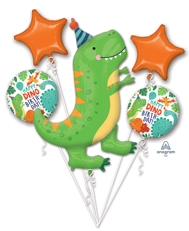 Dinosaur-shaped balloon with star and circle balloons featuring 'Happy Dino Day' text on a white background.