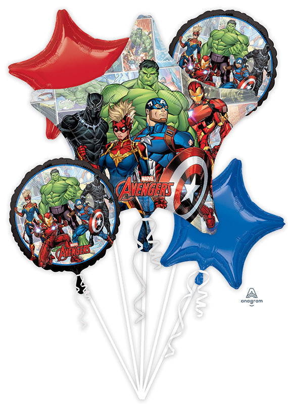 Avengers-themed balloons featuring superhero characters on a white background