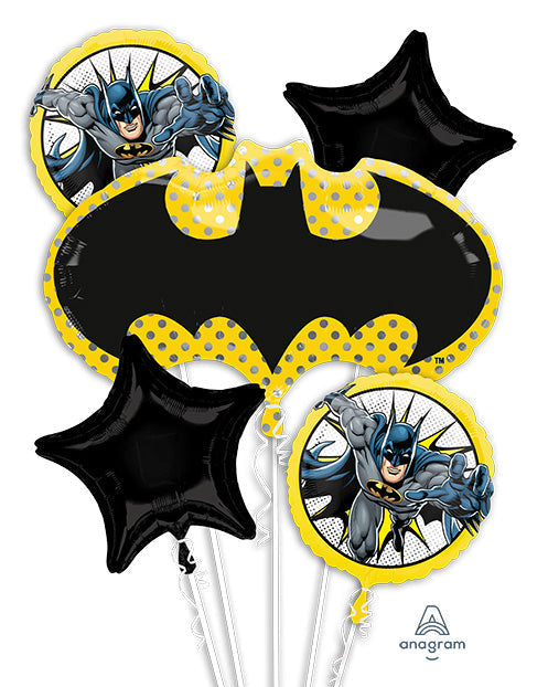 Batman-themed balloon bouquet with superhero images and logo on a white background