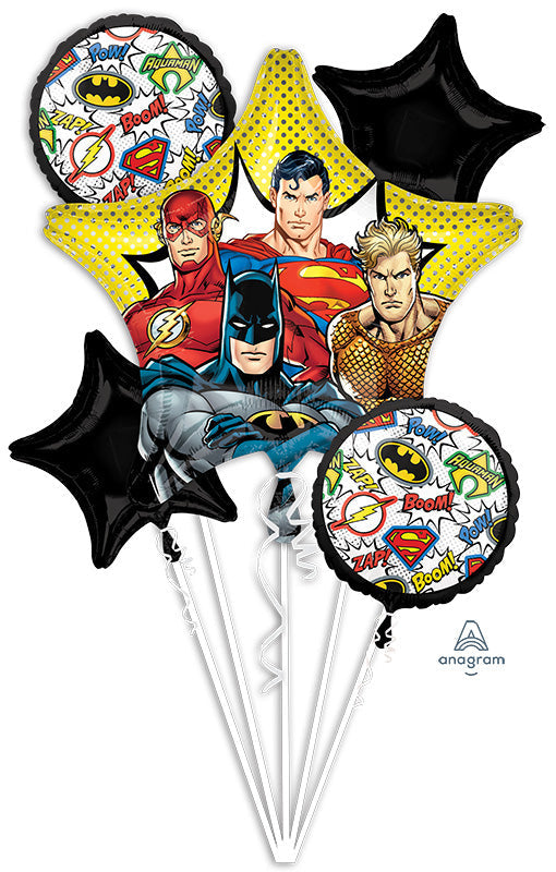 Superhero-themed balloon bouquet with characters and logos on a white background