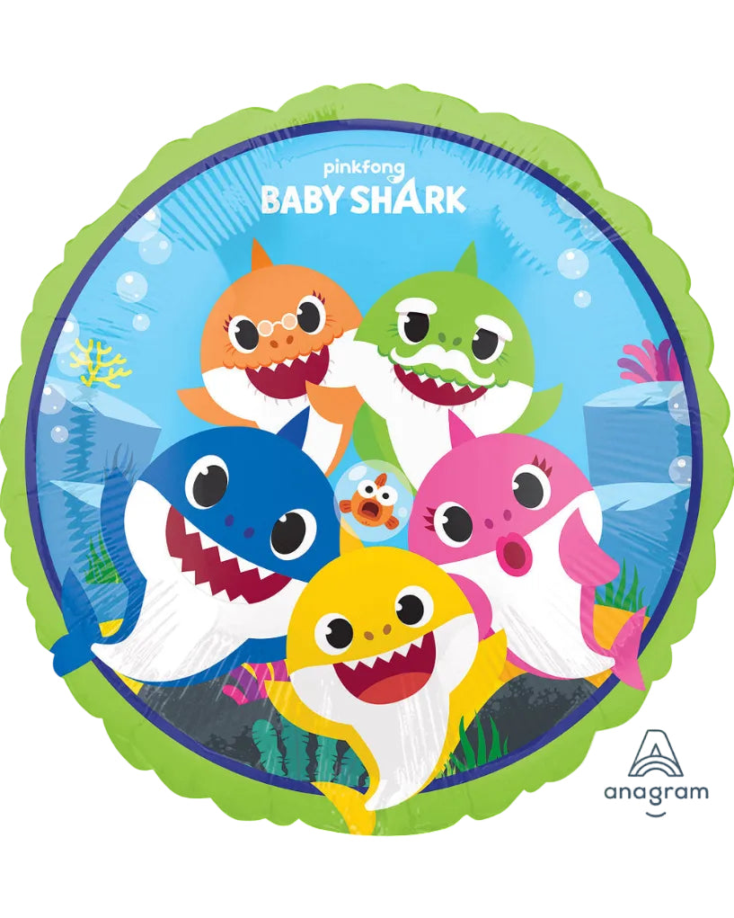Balloon with cartoon baby sharks and 'Pinkfong Baby Shark' branding