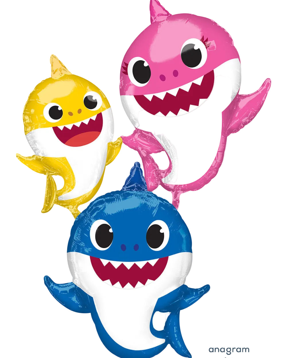Three foil balloon shapes shaped like cartoon baby sharks in yellow, pink, and blue, shown on a plain white background with an Anagram logo at the bottom right.
