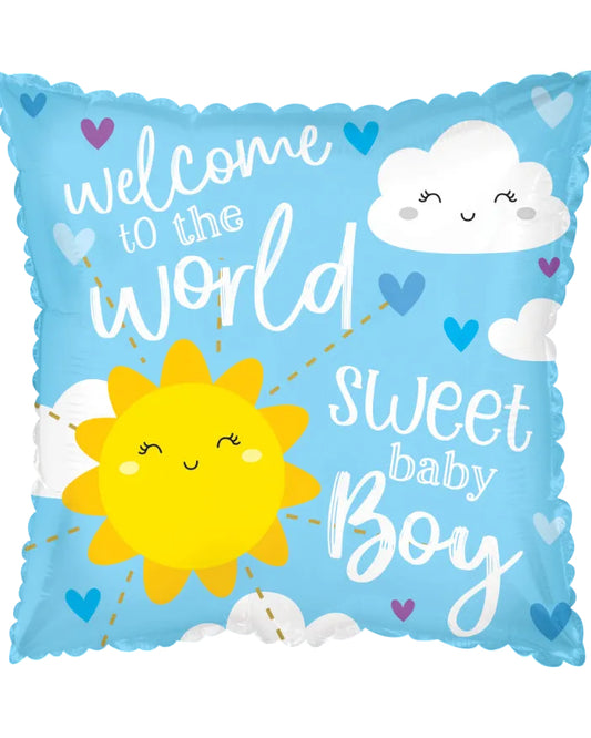 Balloon with 'Welcome to the world sweet baby boy' text and sun and cloud design on a blue background