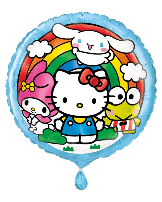 Balloon with cartoon characters including Hello Kitty and friends against a rainbow background