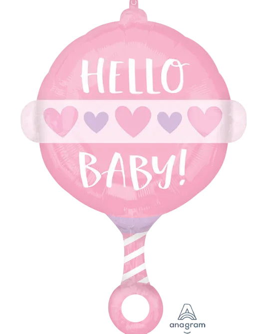 Pink balloon shaped like a baby rattle with 'Hello Baby!' text and hearts on a white background.