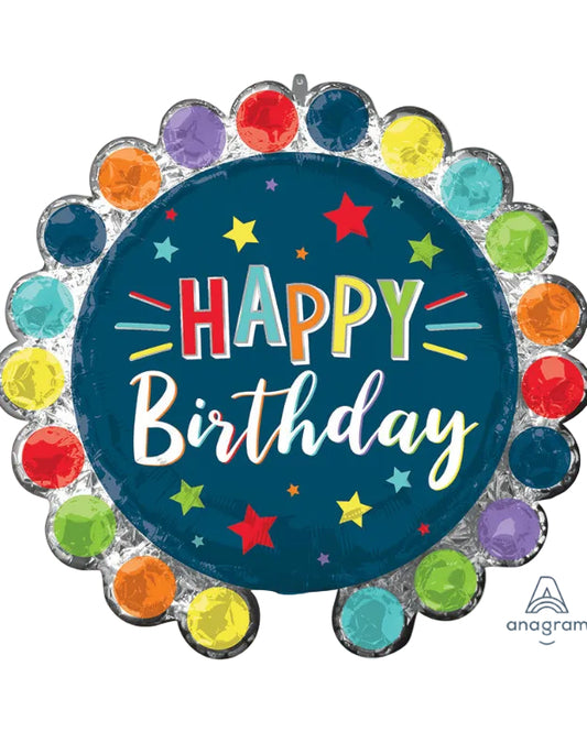 Colorful 'Happy Birthday' balloon with star decorations on a white background