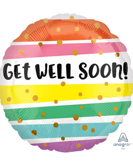 Colorful balloon with 'Get Well Soon' text and gold polka dots, featuring the brand 'Anagram'.