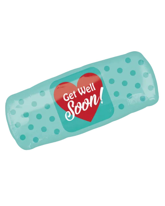 Balloon shaped like a bandaid with a heart and 'Get Well Soon!' text on a white background