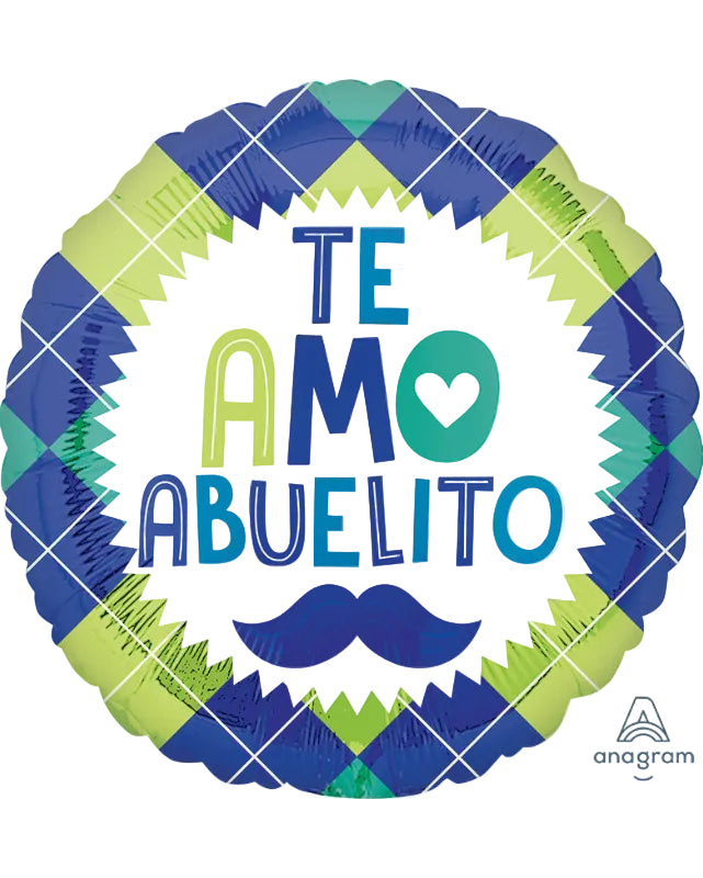 Decorative balloon with 'TE AMO ABUELITO' text and blue mustache on a white background