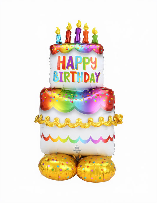 Colorful birthday cake balloon with 'Happy Birthday' text on a white background