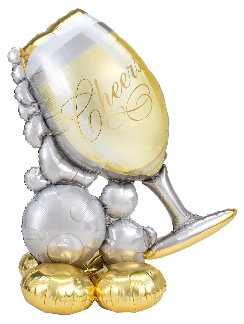 Decorative balloon shaped like a wine glass with 'Cheer' text, surrounded by silver and gold balloons on a white background.