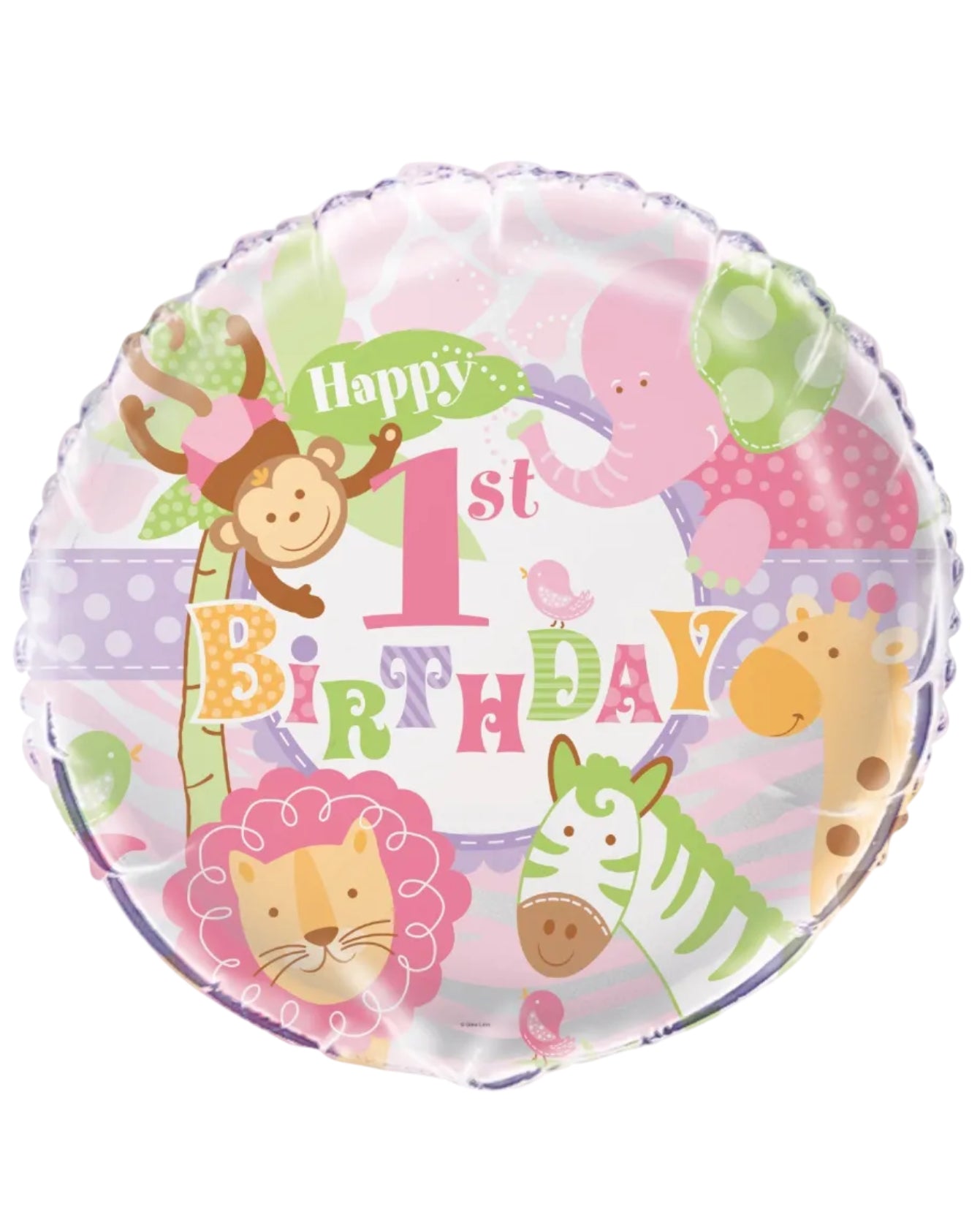 Round foil balloon with 'Happy 1st Birthday' text and animal illustrations on a white background