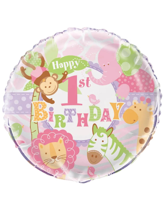 Round foil balloon with 'Happy 1st Birthday' text and animal illustrations on a white background