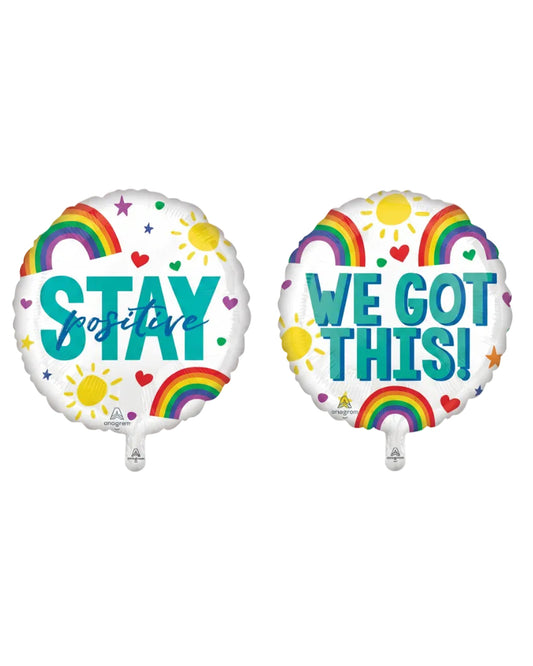 Two colorful balloons with motivational phrases and rainbow designs on a white background.
