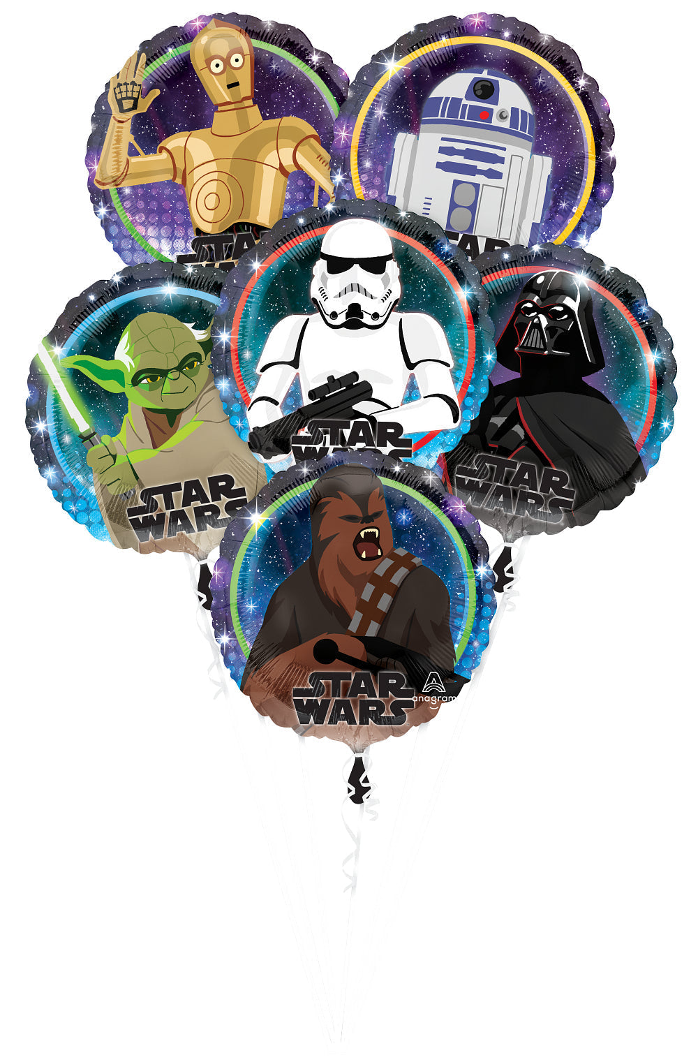 Star Wars-themed balloons featuring C3PO, R2D2, Yoda, Darth Vader, and Chewbacca on a white background.
