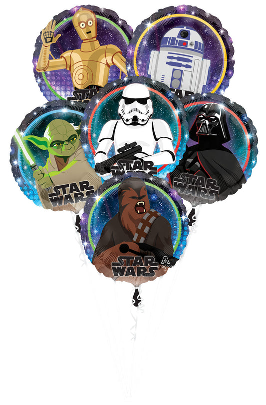 Star Wars-themed balloons featuring C3PO, R2D2, Yoda, Darth Vader, and Chewbacca on a white background.