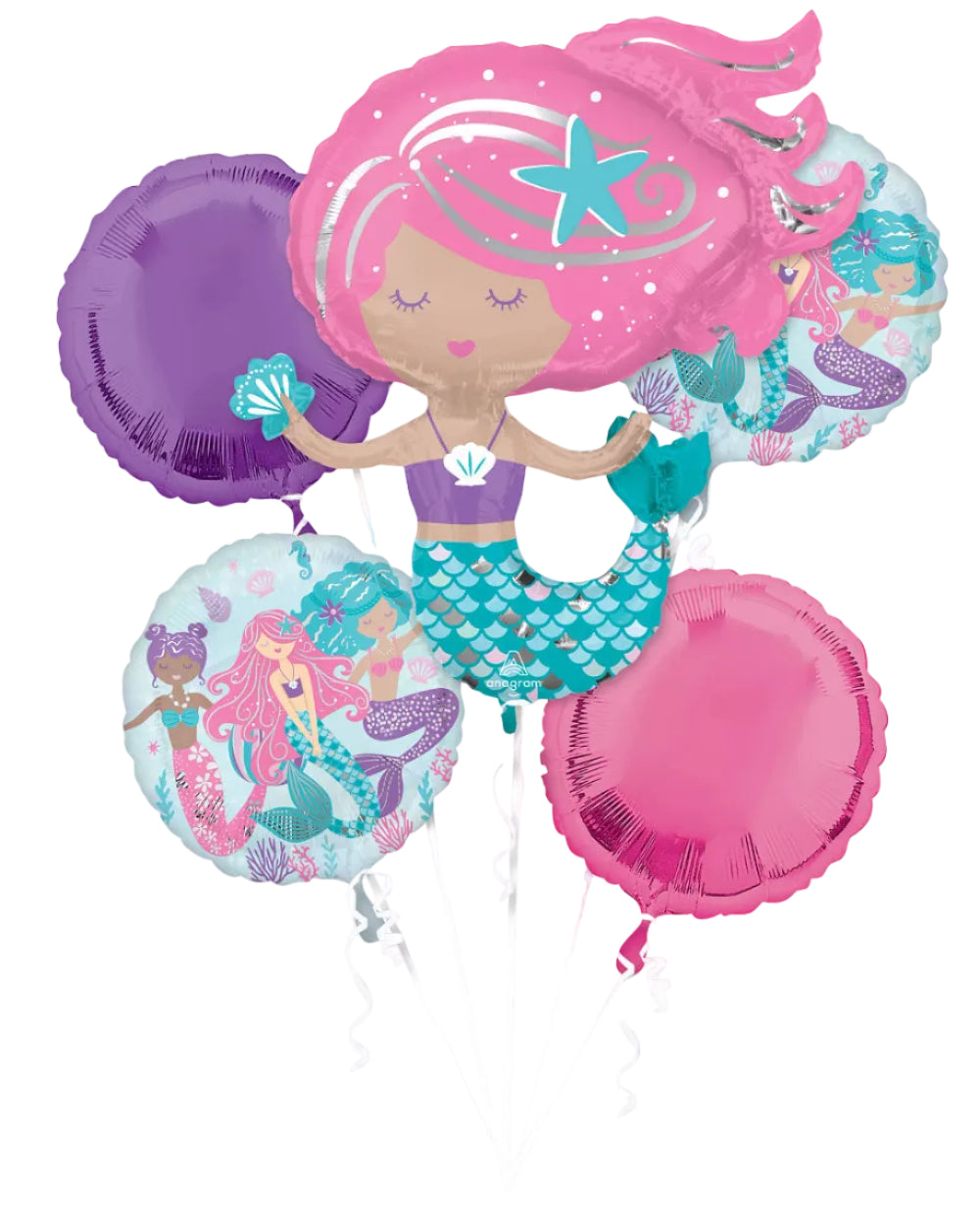 Mermaid-themed balloons with pink hair and purple tail on a white background