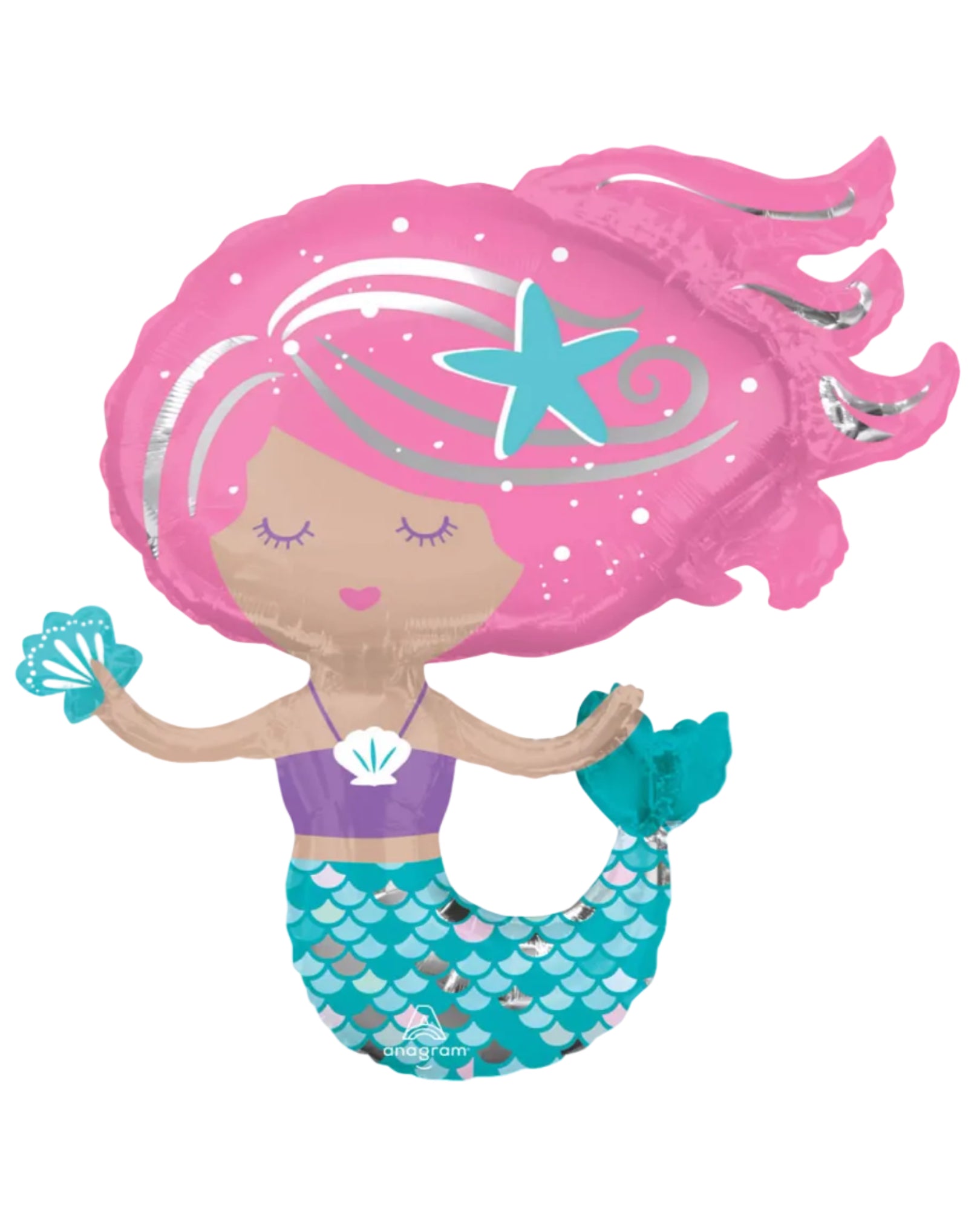 Mermaid-shaped balloon with pink hair and teal tail on a white background