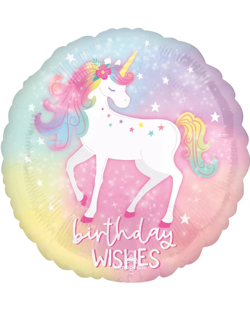 Unicorn-themed balloon with 'birthday wishes' text on a white background